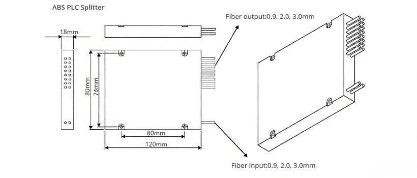 1x16 1x32 Singlemode ABS Box PLC Splitter Dimension Drawing