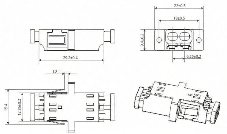 LC UPC Female to LC UPC Female Duplex Singlemode Plastic Fiber Optic Adapter Coupler with Flange Dimensions