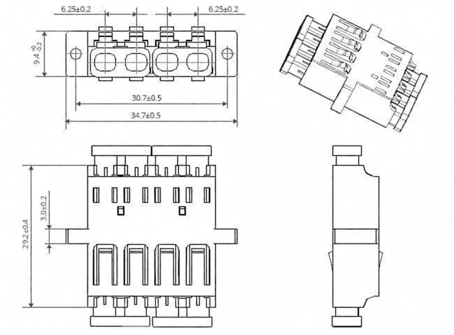LC UPC Female to LC UPC Female Quad SingleMode Plastic Fiber Optic Adapter Coupler with Flange Dimensions