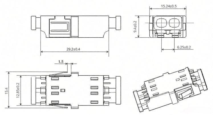 LC UPC to LC UPC Duplex SingleMode Fiber Optic Adapter without Flange Dimensions